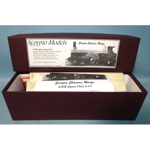 325 - Scorpio Models, an unmade O gauge GWR Queen Class 2-2-2 locomotive and tender kit, contents not chec... 