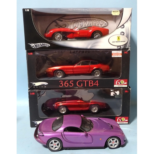 336 - Two Hot Wheels Elite 1:18-scale Ferrari models: 365 GTB4 and 166MM, a Hot Wheel 250 Testa Rossa, (al... 