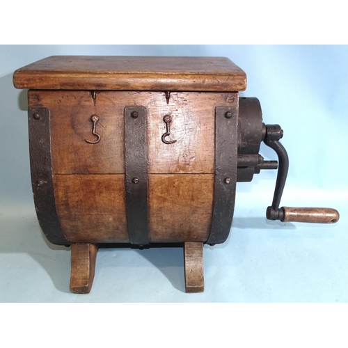 548 - An early-20th century mechanical hand-cranked butter churn of metal-bound barrel form, 35cm hig... 