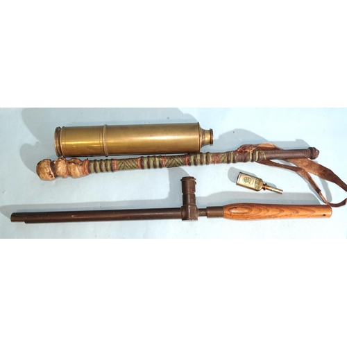 552 - An unnamed brass three-draw telescope, (grip missing), 86cm extended, 29cm closed, an R & J Beck... 