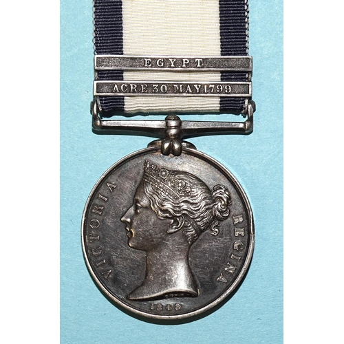 Naval General Service Medal 1793-1840 with two clasps: "Acre 30 May 1799" and "Egypt", to John Williams, (approximate 4mm bruise to edge). John Williams served as Able Seaman on Commodore Sidney Smith's ship HMS Tigre at the Siege of Acre 1799, (only 41 clasps issued, 27 to the ship) and the Egypt operations in 1801, (615 clasps issued, 33 to the ship).