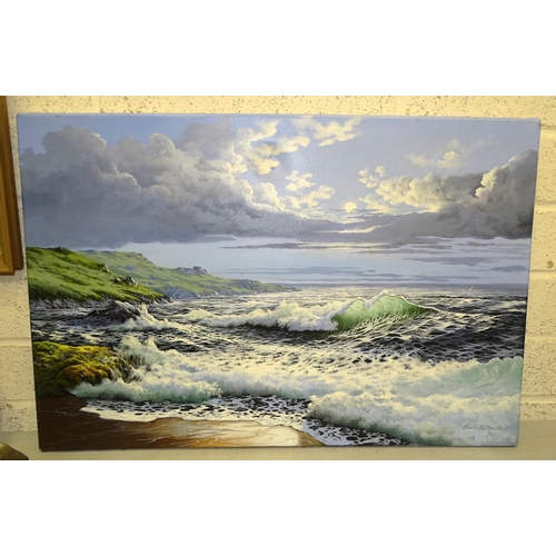 11 - Brian D Horswell, 'Waves breaking on the shore', signed, unframed oil on canvas, 51 x 76cm, Clem Spe... 