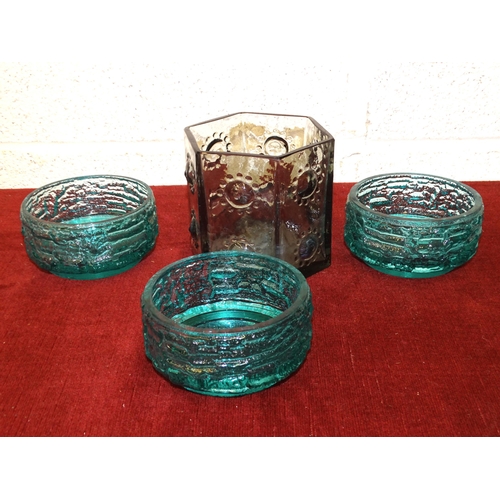 52 - A Dartington hexagonal-shaped 'nipple' pewter glass vase, 11.5cm high, 12.5cm wide, together with th... 