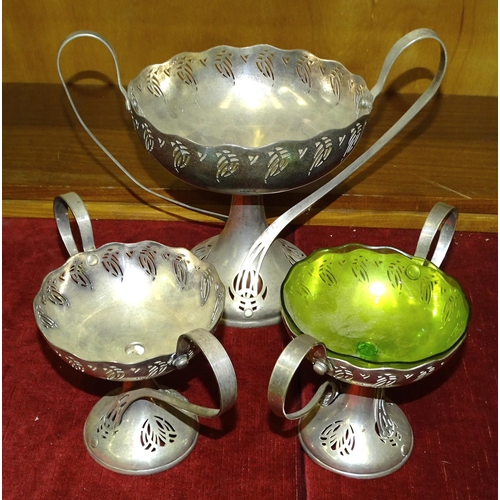 54 - A WMF Arts and Crafts silver-plated two-handled tazza with pierced decoration, 24cm high, (no glass ... 