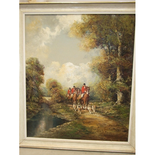 13 - Unsigned oil on canvas, 'Hounds and riders on a towpath', 59.5 x 49.5cm, also 'Untitled I' by Karen ... 