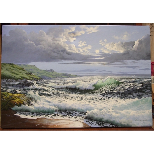 11 - Brian D Horswell, 'Waves breaking on the shore', signed, unframed oil on canvas, 51 x 76cm, Clem Spe... 