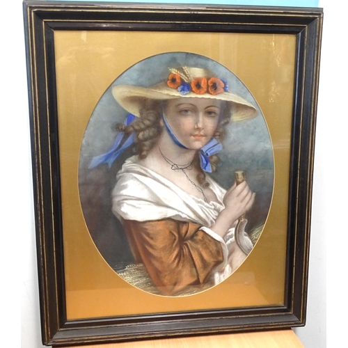 10 - 19th century YOUNG WOMAN WEARING BONNET DECORATED WITH POPPIES AND CORNFLOWERS AND HOLDING A SICKLE ... 