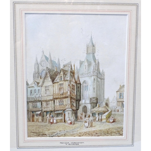17 - Henry Schafer (1833-1916) HONFLEUR, NORMANDY, WITH FIGURES IN THE TOWN SQUARE Signed and titled wate... 