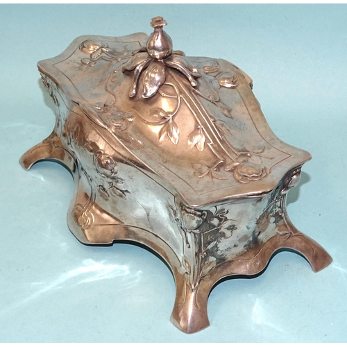 60 - A WMF silver-plated jewel casket of Art Nouveau form with hinged lid, embossed floral decoration and... 