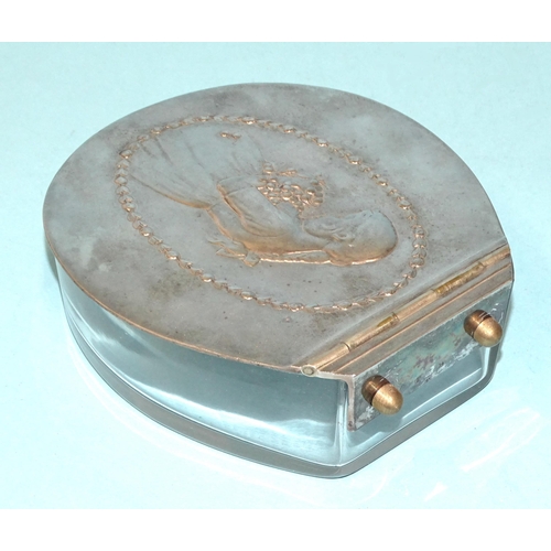 64 - A WMF glass box of horseshoe shape fitted with plated lid embossed with a young girl holding cherrie... 