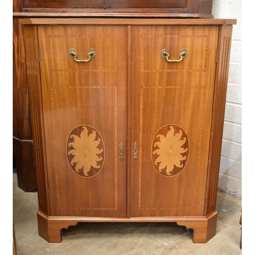 14 - A reproduction walnut bedside cabinet and a reproduction inlaid two-door television cabinet, 87cm wi... 