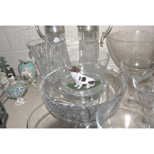 44 - A pair of moulded glass lemonade jugs, (liners lacking), twelve modern champagne saucers, four glass... 