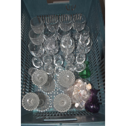 44 - A pair of moulded glass lemonade jugs, (liners lacking), twelve modern champagne saucers, four glass... 