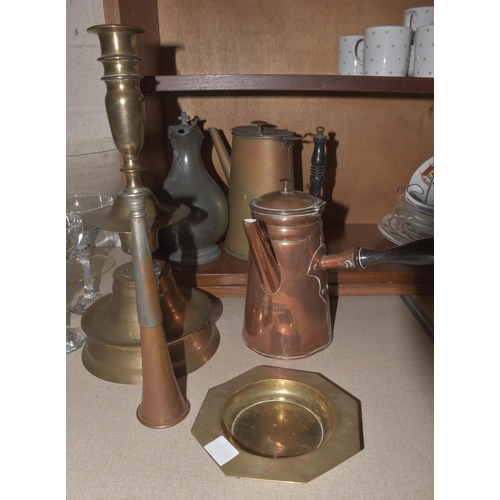 45 - A copper coffee pot with turned wood handle marked TP Kent, Drake St, Plymo, 20cm high, a brass cand... 