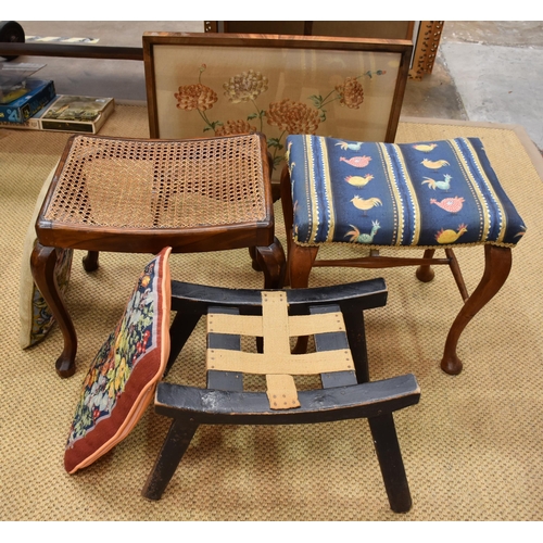 5 - Two cabriole-leg walnut stools, a walnut-framed fire screen and a rustic stool, (4).... 
