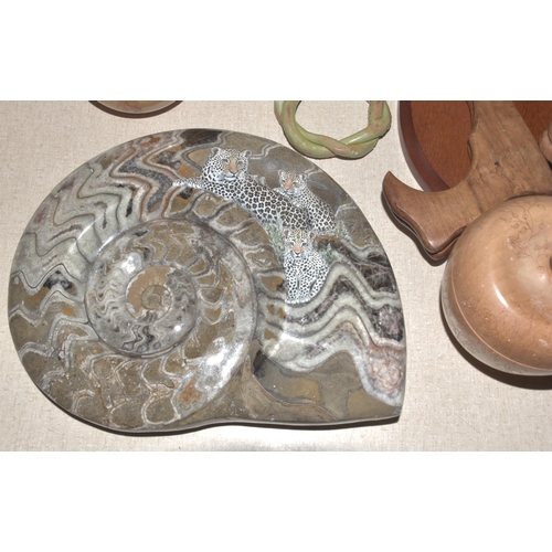 53 - A Devonian Period polished ammonoid clymenia fossil, hand-painted with a cheetah and two cubs, 27 x ... 