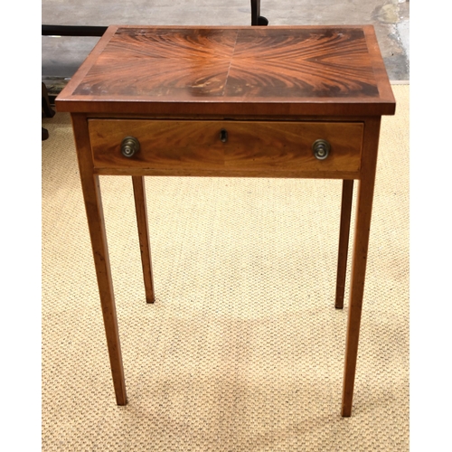 6 - A 19th century mahogany side table with single drawer, on square tapered legs and quarter-veneered t... 