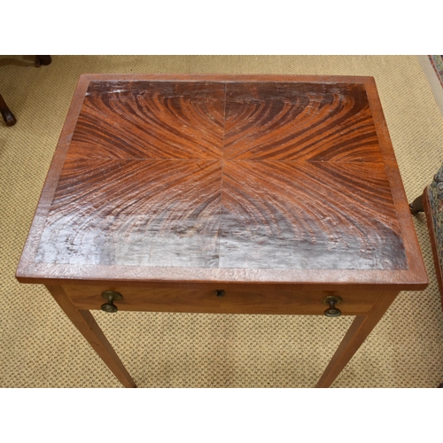 6 - A 19th century mahogany side table with single drawer, on square tapered legs and quarter-veneered t... 