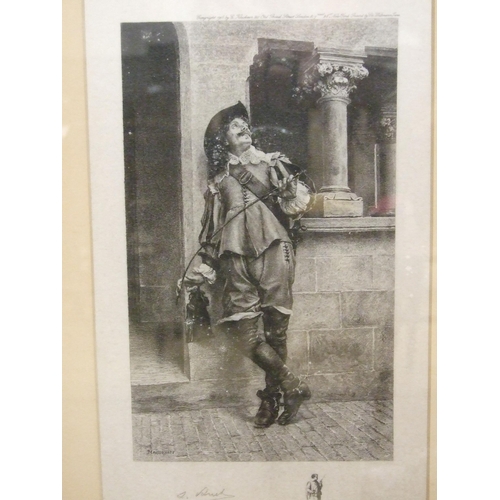 28 - After Meissonier, 'Le Fumeur', framed engraving and three others, 24 x 18cm, (4).