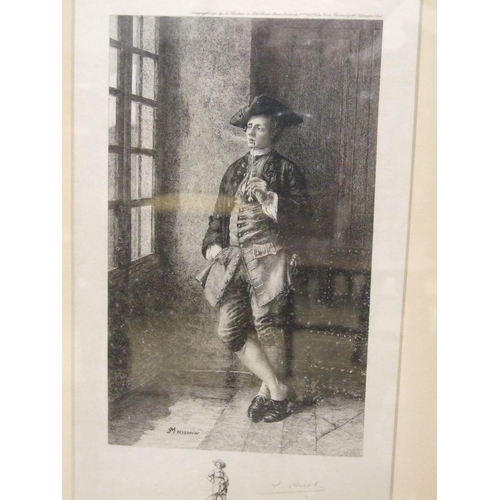 28 - After Meissonier, 'Le Fumeur', framed engraving and three others, 24 x 18cm, (4).