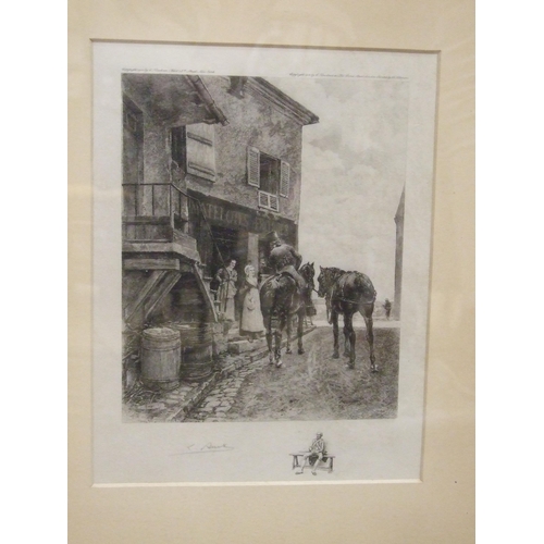28 - After Meissonier, 'Le Fumeur', framed engraving and three others, 24 x 18cm, (4).