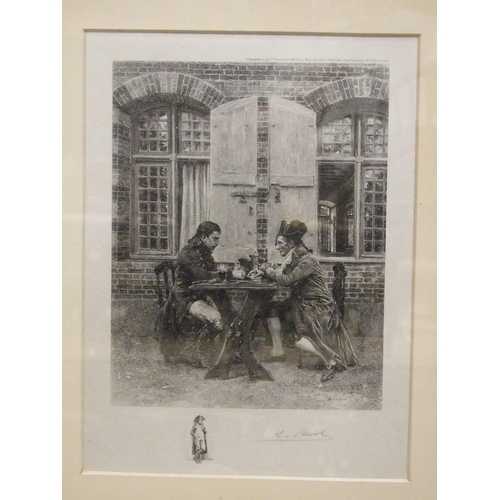 28 - After Meissonier, 'Le Fumeur', framed engraving and three others, 24 x 18cm, (4).