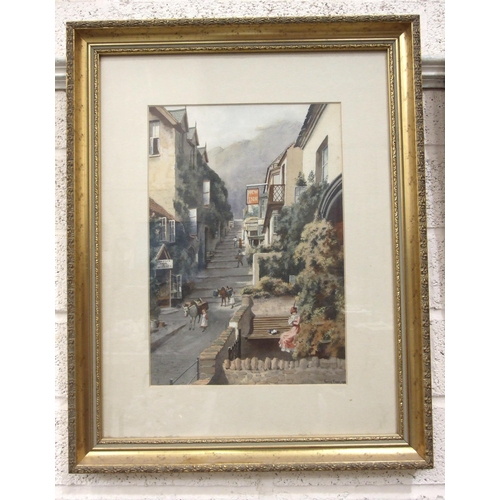 29 - Harry Frier (1849-1921), 'Street scene, Clovelly, with figures and mules, showing New Inn and Jewell... 