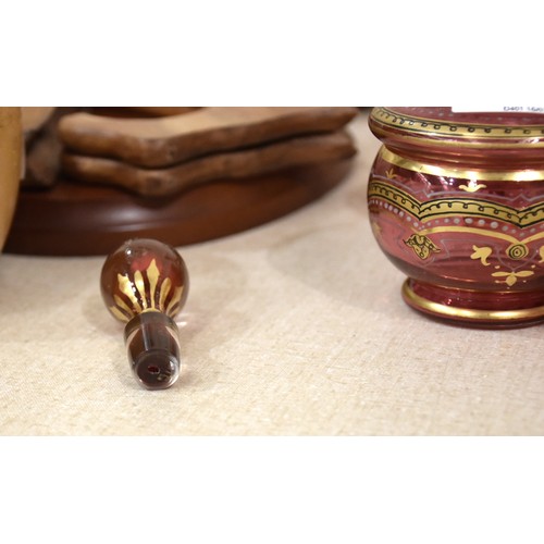 55 - Six items from a cranberry and gilt-decorated dressing table set, (no tray), a yellow glass decanter... 