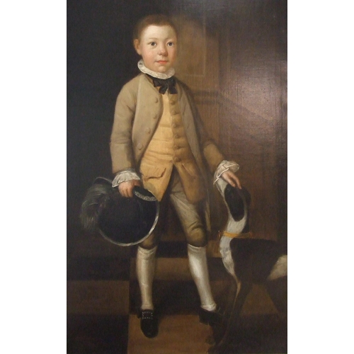 Style of Thomas Bardwell PORTRAIT OF A YOUNG BOY DRESSED IN RUFF, TUNIC, BREECHES, STOCKINGS AND BUCKLED SHOES, STANDING AND HOLDING A PLUMED HAT AND RESTING HIS OTHER HAND ON THE HEAD OF A DOG, WITHIN A PANELLED ROOM WITH CHEQUERED FLOOR Unsigned oil on canvas, 124 x 82cm, (relined, stretchered and restored), together with restoration history.