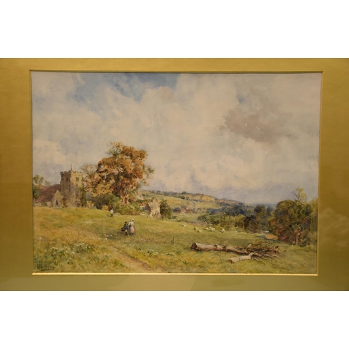 17 - Sir Ernest Albert Waterlow RA ROI (1850-1919) CROWHURST CHURCH WITH FIGURES AND SHEEP IN A SURROUNDI... 