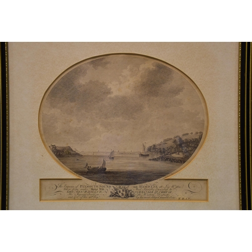 28 - After W Hay, six oval black and white engravings of Plymouth views, each with inscription and dedica... 