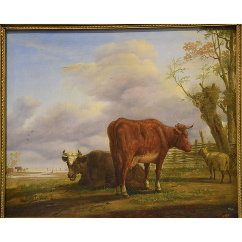 3 - Style of Simon van den Berg (1812-1891) CATTLE AND A SHEEP BESIDE A FOLD WITH RIVER BEHIND Unsigned ... 
