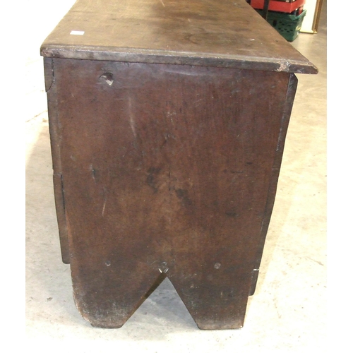 36 - An antique oak six-plank coffer, with old lock and strap hinges, 108cm wide.