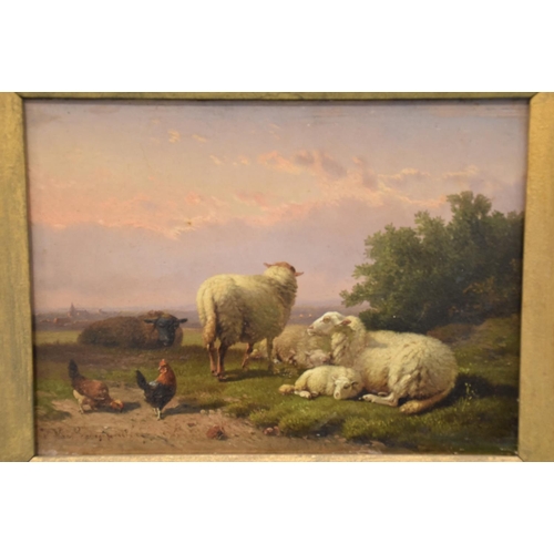 1 - Cornelius Van Leemputten (1841-1902) STUDY OF SHEEP AND CHICKENS WITH A TOWN IN THE DISTANCE Signed ... 