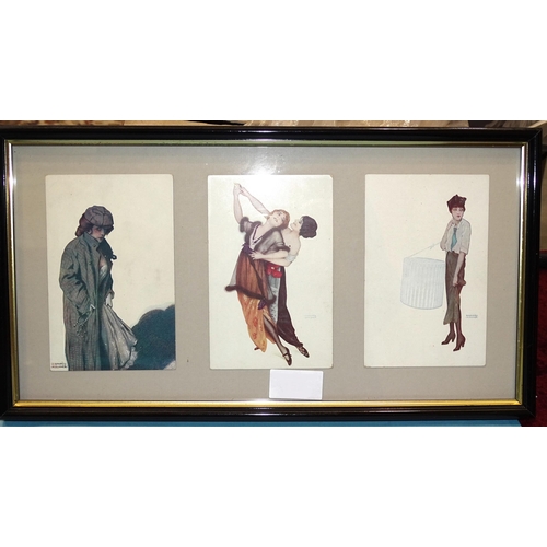 36 - A collection of twelve postcards by Raphael Kirchner, framed as four sets of three, (all stuck down ... 