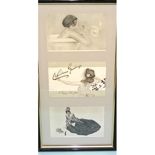 36 - A collection of twelve postcards by Raphael Kirchner, framed as four sets of three, (all stuck down ... 