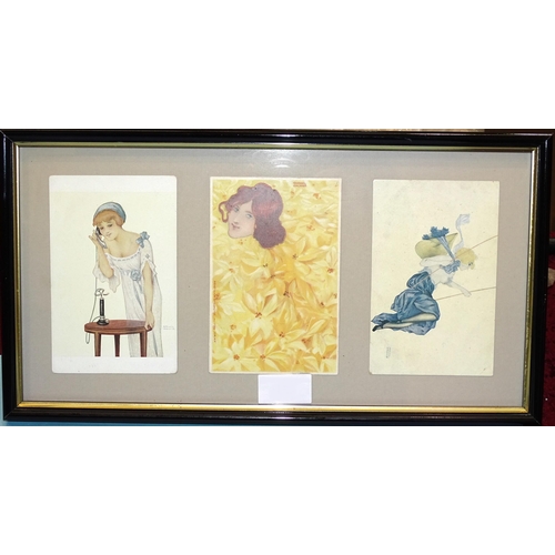 36 - A collection of twelve postcards by Raphael Kirchner, framed as four sets of three, (all stuck down ... 