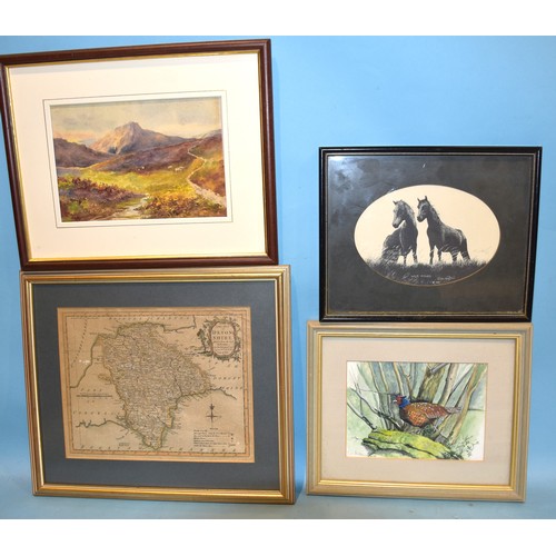 29 - R Sherrin, 'Moorland Scene', gouache and a companion, 10.5 x 24cm, three Dickensian oak-framed print... 