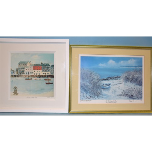 29 - R Sherrin, 'Moorland Scene', gouache and a companion, 10.5 x 24cm, three Dickensian oak-framed print... 