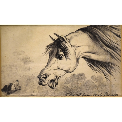 52 - Study of an angry horse and dog conversing, an amusing print with indistinct inscription, 15.5 x 26c... 