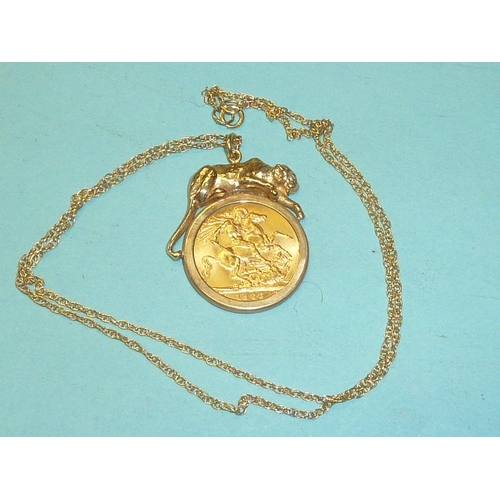 A 1966 Elizabeth II sovereign in unusual 9ct yellow gold pendant mount ...