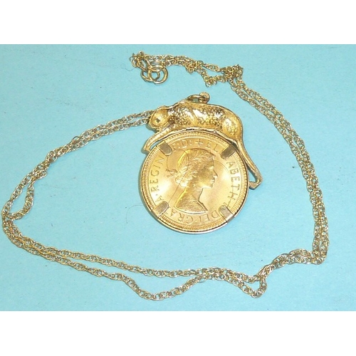 A 1966 Elizabeth II sovereign in unusual 9ct yellow gold pendant mount ...