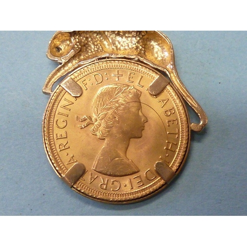 A 1966 Elizabeth II sovereign in unusual 9ct yellow gold pendant mount ...