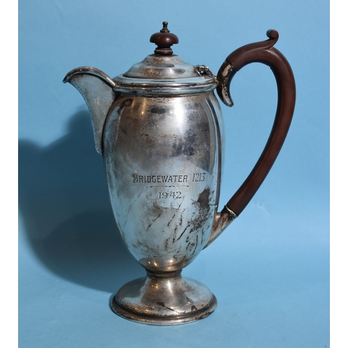 19 - A George VI silver coffee pot with inscription and Bakelite handle and finial, 23cm high, (a/f), Lon... 