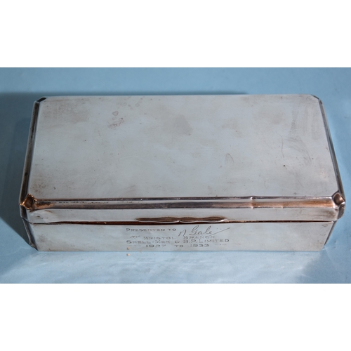 20 - A silver rectangular cigarette box with wood-lined lid and interior, with inscription to front, 17.5... 