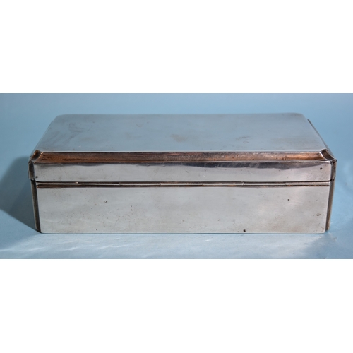 20 - A silver rectangular cigarette box with wood-lined lid and interior, with inscription to front, 17.5... 
