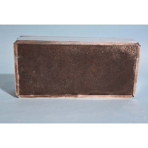 20 - A silver rectangular cigarette box with wood-lined lid and interior, with inscription to front, 17.5... 
