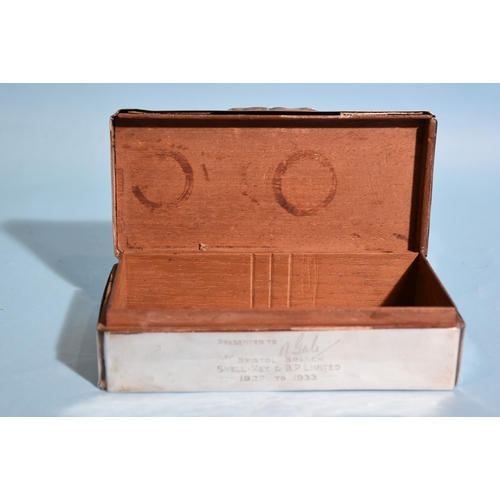 20 - A silver rectangular cigarette box with wood-lined lid and interior, with inscription to front, 17.5... 