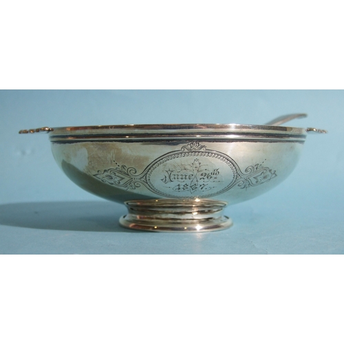 37 - A Victorian silver quaiche with engraved inscriptions within cartouches, 12.5cm diameter, 4.5cm high... 