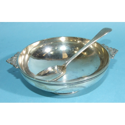 37 - A Victorian silver quaiche with engraved inscriptions within cartouches, 12.5cm diameter, 4.5cm high... 